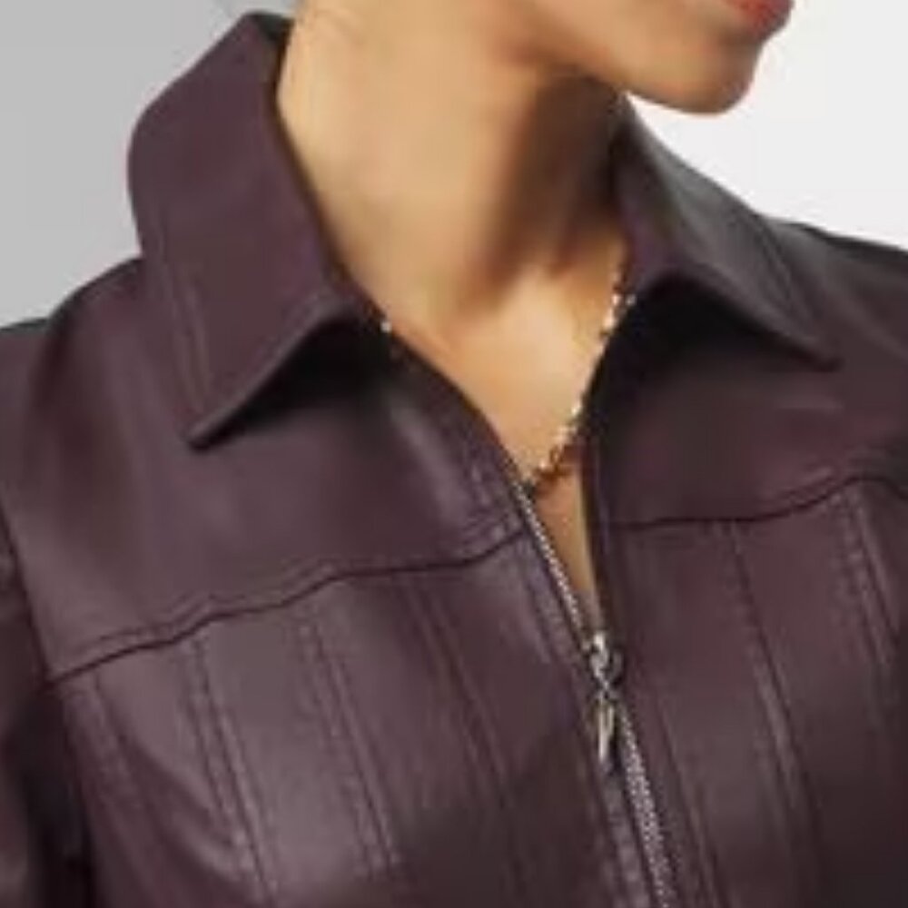 WHBM $170 Coated Denim Dress Jacket Vegas Black Cherry Stretchy - Picture 7 of 8